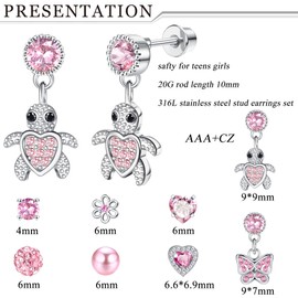 YADOCA 8 Pairs Hypoallergenic Stud Earrings for Women Girls Kids Surgical Steel Cubic Zirconia Screw Back Earring Heart Pearl Rainbow Flower Butterfly Dangle Earrings Set, Pink