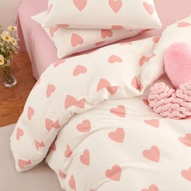 Michorinee Double Muslin Bed Linen 135 x 200 cm Cotton White with Pink Hearts Pattern Soft Duvet Cover Set 2-Piece Hearts Romantic Bedding Sets with Zip and 1 Pillowcase 80 x 80 cm