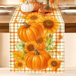 Miss Adola Pumpkin Sunflower Fall Table Runner - 13"×72" Plaid Thanksgiving Table Runner for Fall Decor, Seasonal Harvest Autumn Thanksgiving Decorations for Home, Dining Room, Kitchen, Parties