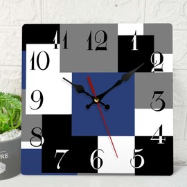 ArtSocket Wooden Wall Clock Silent Non-Ticking, Navy Blue Black Grey Abstract Geometric Minimalist Square Rustic Wall Clocks Decor for Home Kitchen Living Room Office, Battery Operated(12 Inch)