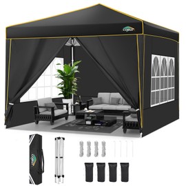 COBIZI 10x10 Pop Up Canopy with 4 Sidewalls and 4 Sandbags UV Protection 50+ Camping Commercial Wedding Portable Tent for Backyard, Black