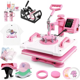 Whubefy Shirt Heat Press 12x15, 5 in 1 Heat Press Combo with 3 DTF & 1 Sublimation Paper, 30oz Tumbler Press Machine & Hat Press, LED Industrial Digital Sublimation Heat Press Machine, Pink