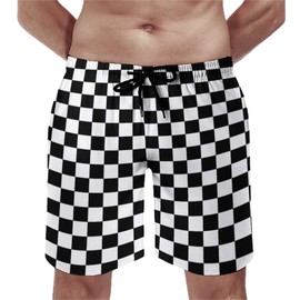BUGKHD Checkerboard Modern Black Checkered Pattern Men's Summer Beach Shorts, Athletic Trunks