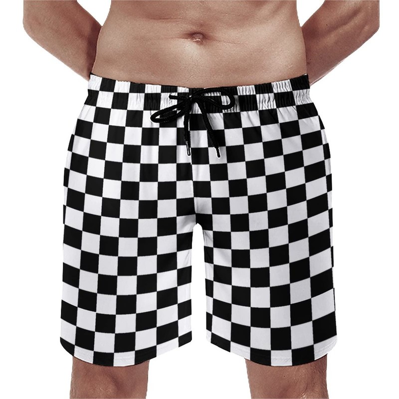 BUGKHD Checkerboard Modern Black Checkered Pattern Men's Summer Beach Shorts,