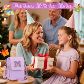 CLOUDWINGS Gift for Girls Small Initial Crossbody Bag for Teens Vegan Leather Cell Phone Kids Purse (Purple-M)