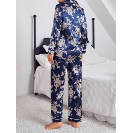 WDIRARA - Conjunto de pijama de satén de 2 piezas para mujer, con botones, Azul Floral, Small