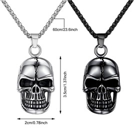 Kawailay 2 Pieces Skull Necklace Retro Skull Pendant Necklace Gothic Rock Punk Hip Hop Chain Rapper Biker Cool Necklace for Men – Silver and Black