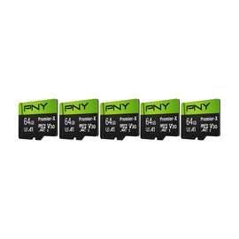 PNY 64GB Premier-X Class 10 U3 V30 microSDXC Flash Memory Card 5-Pack - 100MB/s, Class 10, A1, 4K UHD, Full HD, UHS-I, micro SD