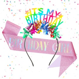 Classicseali 2PCS Happy Birthday Headband,Birthday Headband Girl,Colored Lace Its My Birthdays Headbands, with Pink Shoulder Straps, Glitter Birthdays Tiara for Women, Girls, Party, Dance, Role Play