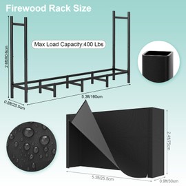 Shinoske Firewood Rack Outdoor with Cover 5.3ft Firewood Log Rack for Fireplace Wood Storage Fire Log Holder Indoors Adjustable Heavy Duty Fire Wood Stand, Black Waterproof Oxford Fabric