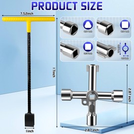 FANOVO 17 Inch Water Meter Key Shut Off Tool with 4-way Multi-Functional Utilities Key, Steel T-Handle Water Meter Wrench for Curb Main and Water Meters, Underground Stop or Waste Valves