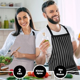 Jubatus 2 Pack Kitchen Aprons Striped Cooking Chef Adjustable Bib Apron with 2 Pockets for Men Women, Black Stripe/Brown Pinstripe