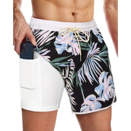 SURF CUZ Mens Swim Trunks with Compression Liner 5" Swimming Trunks 5 Inch Retro Swim Shorts with Zipper Pockets,Black White,L