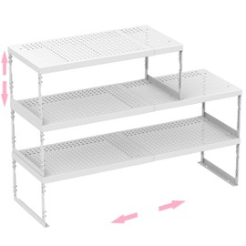 Asiingkel Stackable Expandable Metal Shelf Organizer - Adjustable Wire Storage Rack with Holes for Kitchen, Bathroom, Cabinet, Office - Space Saving, Durable & Sturdy Design（3PACKS/Medium/White