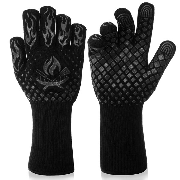 BBQ Gloves - 1472 Degree F Heat Resistant Grilling Gloves - Non-Slip Silicone Grip Design - Grill Gloves for Outdoor Grill, Barbecue, Oven, Cooking, Kitchen and Baking (Black)