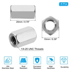 PATIKIL 1/4"-20 UNC 304 Stainless Steel Hex Coupling Nuts, 8Pcs 0.8" Length Fully Threaded Rod Coupling Nut Studding Connector Fasteners, Silver Tone