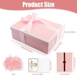 Gift Box with Lid, 25 x 18 x 9 cm, Premium Gift Box with Bows, Greeting Cards and Raffia, Foldable Gift Box, Birthday for Valentine's Day, Christmas, Wedding Anniversary, Anniversaries (Pink)