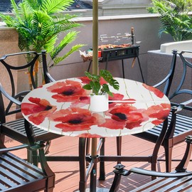 GzLeyigou Fitted Round Tablecloth with Umbrella Hole and Zipper Grey Moroccan Outdoor Elastic Table Cloth 45"-56" Oil-Proof Waterproof Patio Table Cover for Dining Picnic Party