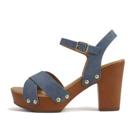 Soda MIGUEL ~ Women Crisscross Band Fashion Chunky Platform Block Mid Heel Sandal with Ankle Strap and Stud (DENIM BLUE NUBUCK, us_footwear_size_system, adult, women, numeric, medium, numeric_11)