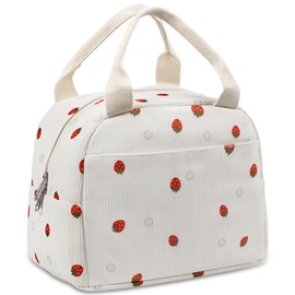 HOOMIL Double-Layer Insulated Lunch Bag - Upgraded Structured & Stylish Corduroy with Cute Strawberry Print, 9.8L Large Capacity & Reinforced Handles Tote Lunch Box - Beige