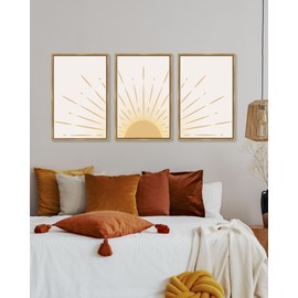 Drsoum 16x24in Boho Sun Wall Art Wood Canvas Framed Bohrmain Decor Nature Line Art Mid-Century Modern Prints Nursery Bedroom Kidsroom