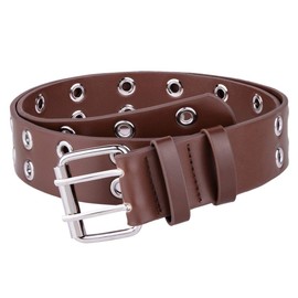 KYEYGWO Women Leather Belt for Jeans Pants, Double Grommet Belt Double Punk Belt for Ladies with Pin Buckle Fits 27.6" to 38"