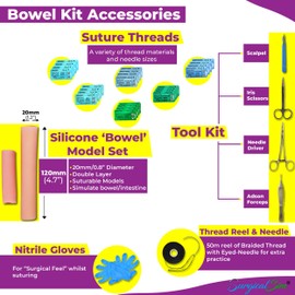 SurgicalSim Bowel Anastomosis Suture Practice Kit, End-to-Side Techniques, Includes 1 x Long and 1 x Short 20mm Diameter Models, Tool Kit, Threads, Ideal for Practice