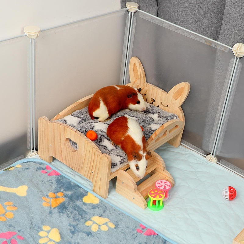 Rypet Wooden Guinea Pig Bed with Stairs and Mat Cozy