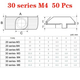 50pcs 3030 Series M4 Thread T Nuts Hammer Head Fastener Nut Sliding T-Nut,Nickel Plated Carbon Steel Nut for 30 Series Aluminum Extrusion Profile T Slot 8mm (3030 Series M4)