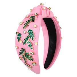 ZITULRY Flower Knotted Headbands for Women Pink Crystal Green Palm Jeweled Embellished Wide Top Knot Hairband Spring Summer Flower Hair Accessories for Girls Sister Mom Birthday Party Gift