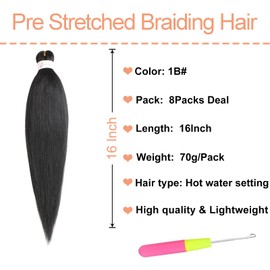 Mscat 16 Inch 8 Packs Pre Stretched Braiding Hair Black Pre Stretched Braiding Professional Synthetic Prestretched Crochet Braids Hair Extension Hot Water Setting Yaki Texture (1B#)