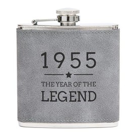 Engraved Grey Hip Flask - 1955 Year of The Legend Design - 70th Birthday Gifts for Men Him - 6oz Leather Wrapped Canteen
