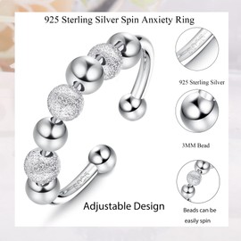 KALVICA 2 PCS Anxiety Rings 925 Sterling Silver Fidget Ring for Women Men Anxiety Adjustable Spinner Ring Open Bead Thumb Rings Stress Relief Peace Rings