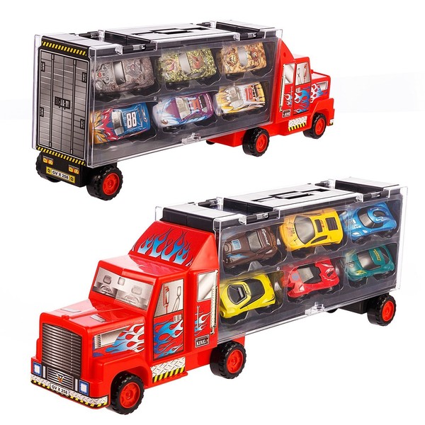 Tuko Car Toys Die Cast Carrier Truck Vehicles Toy for 3-12 Years Old Boy Girl Toy Gift(Includes 6 Alloy Cars,3 Animal Cars,3 Number Cars and Traffic Accessories)(Red)