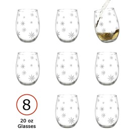 BANBERRY DESIGNS Stemless Wine Glasses - Snowflake Wine Glass - Set of 8 - Winter Holiday Glasses with Silver Snowflake Design - 20 oz Capacity