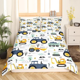 Homewish Kids Single Duvet Cover Set for Boys, Cartoon Car Excavator Tractor Bedding for Teenage Boy, Cute Equipment Trucks Quilt Cover, Yellow Blue Construction Vehicle Duvet Cover, Microfibre