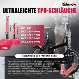 RideNow Folding Bike Inner Tube TPU Bicycle Inner Tube 2 Pack 28 g 20 Inch (406 mm) Tubes, Ultralight Inner Tube with 45/65 mm Presta Valve Made of Metal