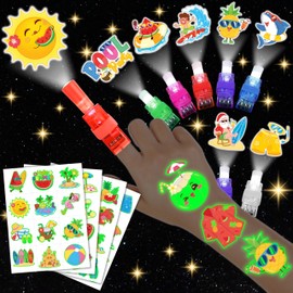 72 PCS Summer Party Favors – 48 PCS Tattoos & 24 PCS LED Finger Lights Combo – Birthday Goodie Bag Fillers, Party Supplies, Gifts Light Up Toys Glow In The Dark for Boys and Girls