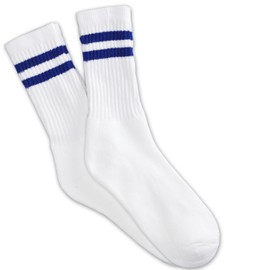 Impress'D Clothing 12 Pairs white unisex crew socks with two royal blue stripes classic retro old school (7-9)