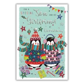 ICG Son and His Girlfriend Christmas Card, Single - Christmas Cards with Penguins and Stars Artistic Festive Design and Special Finishes - Xmas Cards with Envelope