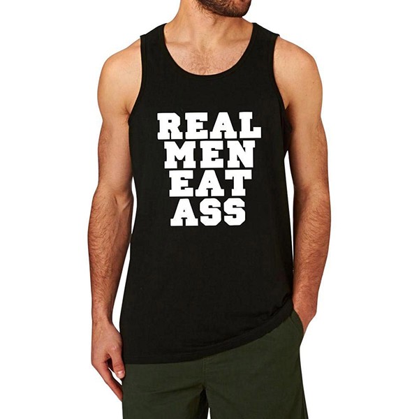 WINGZOO Workout Tank Top for Men-Real Men Eat Ass Mens Funny Saying Fitness Gym Racerback Sleeveless Shirts Black