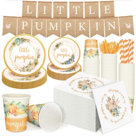 Tanlade 193 Pcs Little Pumpkin Baby Shower Party Decoration Set Including Disposable Fall Baby Shower Paper Plates Cups Napkin Straws Plastic Knives Forks Spoons Banner for Autumn Farm Party Supplies