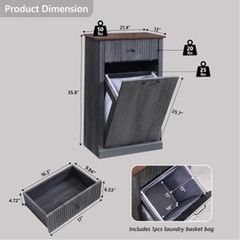 IFBUY Modern Tilt-Out Laundry Hamper Cabinet, 10 Gallon Fluted Trash Can Cabinet with Drawer, Wooden Hidden Garbage Can Cabinets with Laundry Basket, Free Standing for Bathroom and Kitchen, Grey