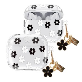 ECZOIL Cute Case Compatible for AirPods 4th Generation, Cute Black and White Flower Floral Soft Clear TPU Earphone Protective Case with Flower Keychain-Black White Flower