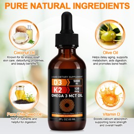 Daiasns Vitamin D3 5000 IU & K2 (MK-7) 120 mcg 60ml Drops with MCT Oil Omega 3, Liquid Vitamin D3 & K2 Supplements - 2 Months Supply -Supports Bones, Teeth, Mood & Immune System, Calcium Absorption