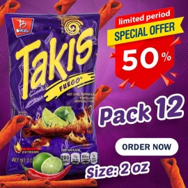 Takis Fuego Hot Chili Pepper & Lime Tortilla Chips (12 Pack - 2 Oz. Bags)