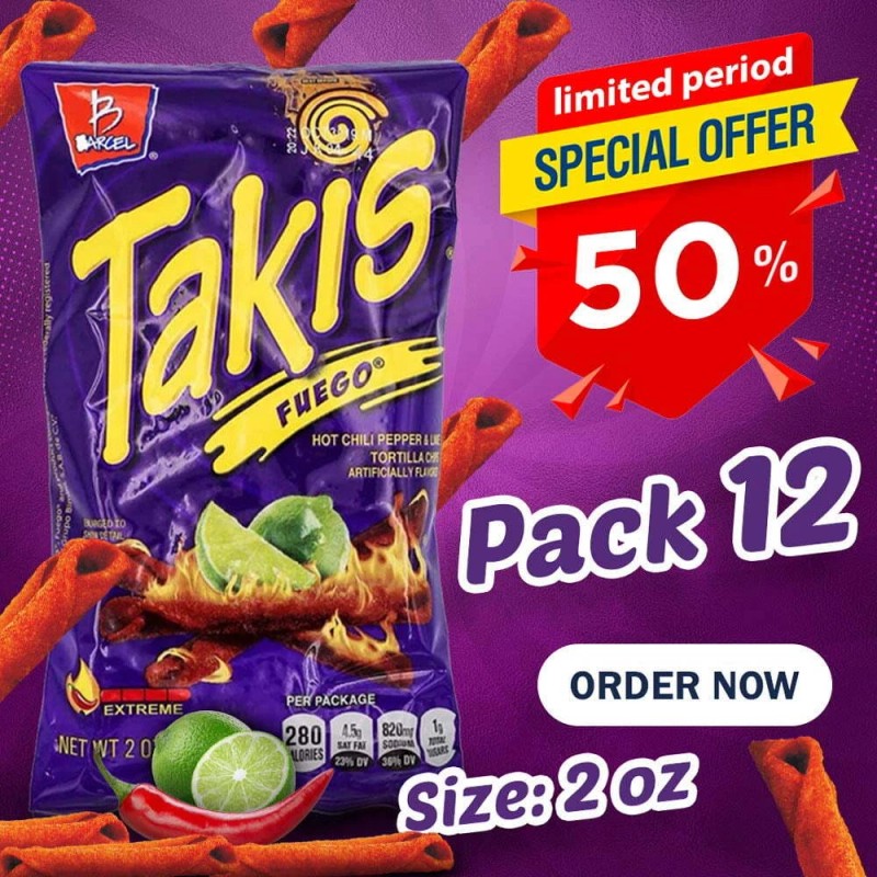 Takis Fuego Hot Chili Pepper & Lime Tortilla Chips (12