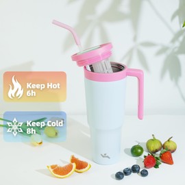 Insulated Tumbler with Handle and Straw,40 OZ Vacuum Stainless Steel Water Bottle Travel Mug Metal Cup with Fruit Diffuser,Pink Grey
