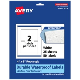 Avery Durable Waterproof Rectangle Labels with Sure Feed, 4" x 6", 50 Oil and Tear-Resistant Waterproof Labels, Print-to-The-Edge, Laser/Pigment-Based Inkjet Printable Labels