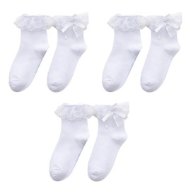 MKYSZLT Women White Ruffle Socks,Adult Frilly Ankle Bow Socks with Lace Ruffles for Woman,Cute Womens Dress Sock,Soft Cotton Princess Sock (US, Alpha, One Size, Regular, Regular, 3 x White)